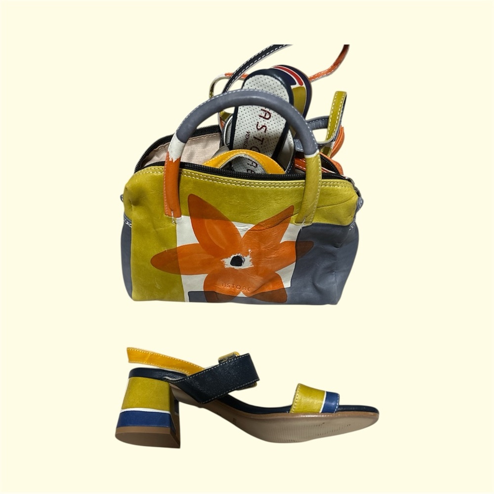 ASTORE VENEZIA Colorblock Leather Sandals, 37 EU & Floral Accent Crossbody Bag. - Picture 2 of 7